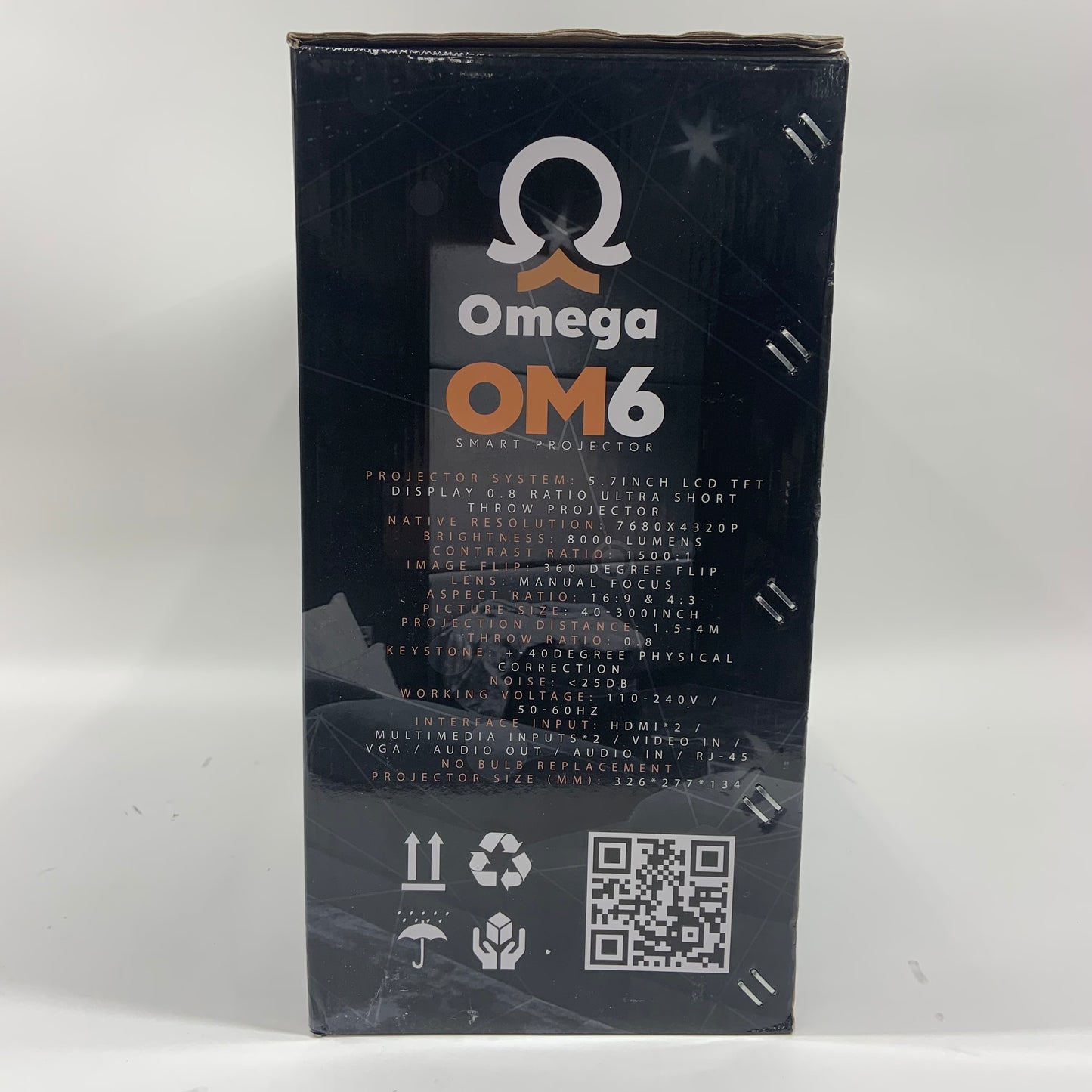 New Omega OM6 Smart Projector 7680x4320 8000 Lm w/ 72" Edge Motorized Screen