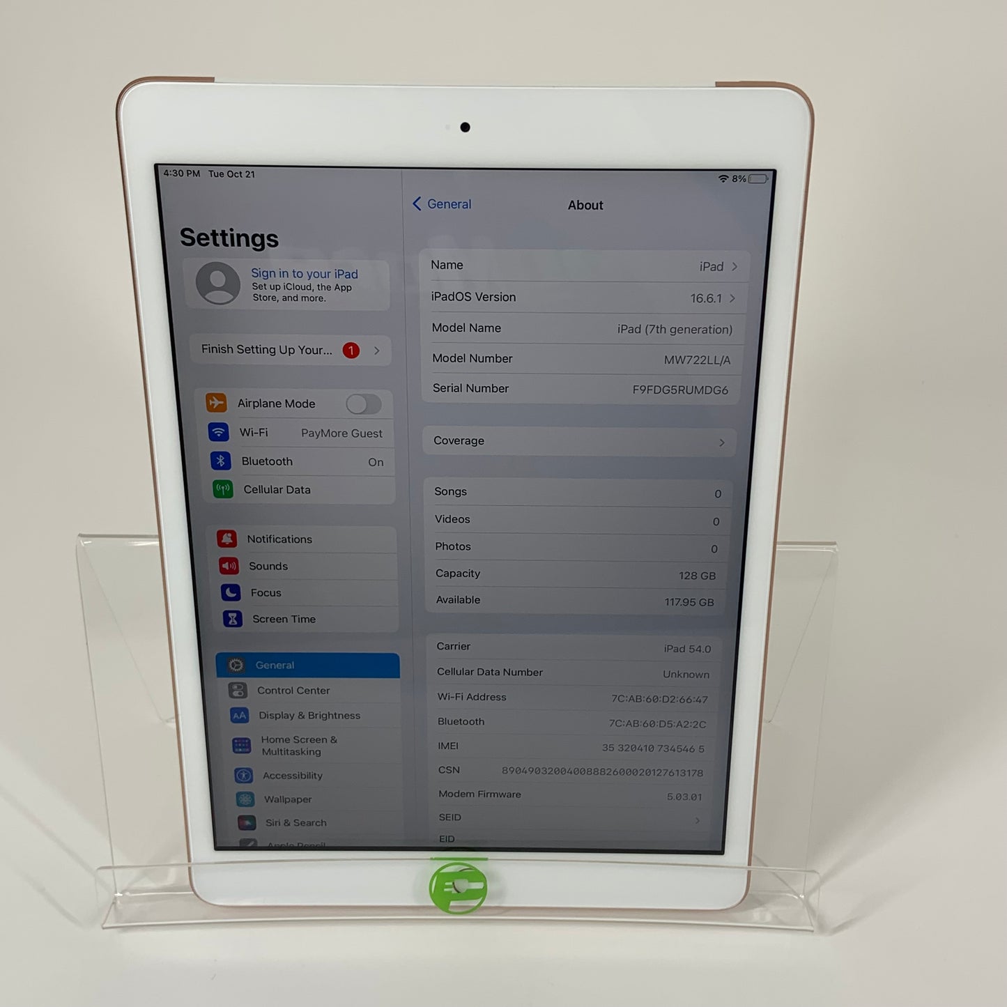 Unlocked Apple iPad 7th Gen 128GB 16.6.1 Gold MW722LL/A