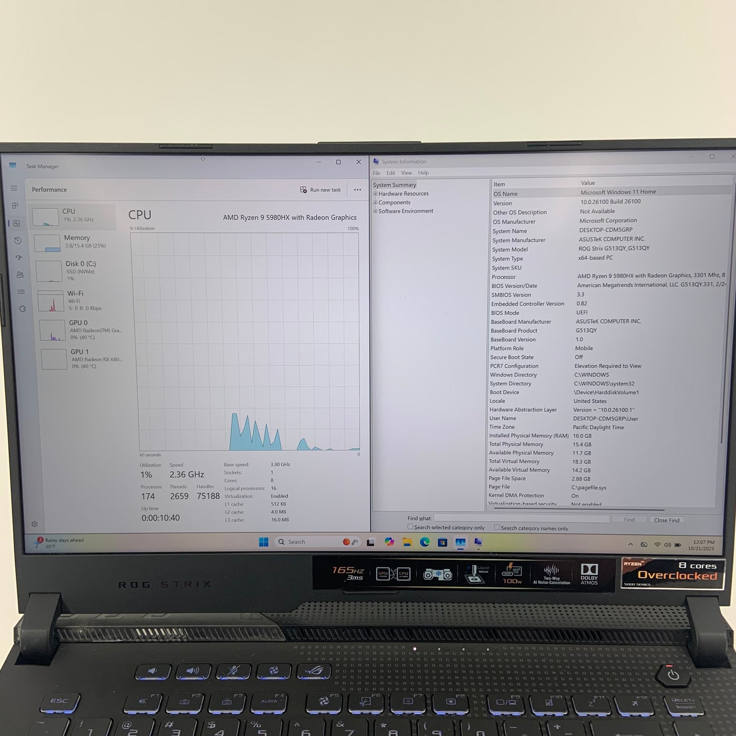 Asus ROG Strix G15 G513QY 15.6 Ryzen 9 5980HX 16GB RAM 512GB SSD Radeon RX 6800M