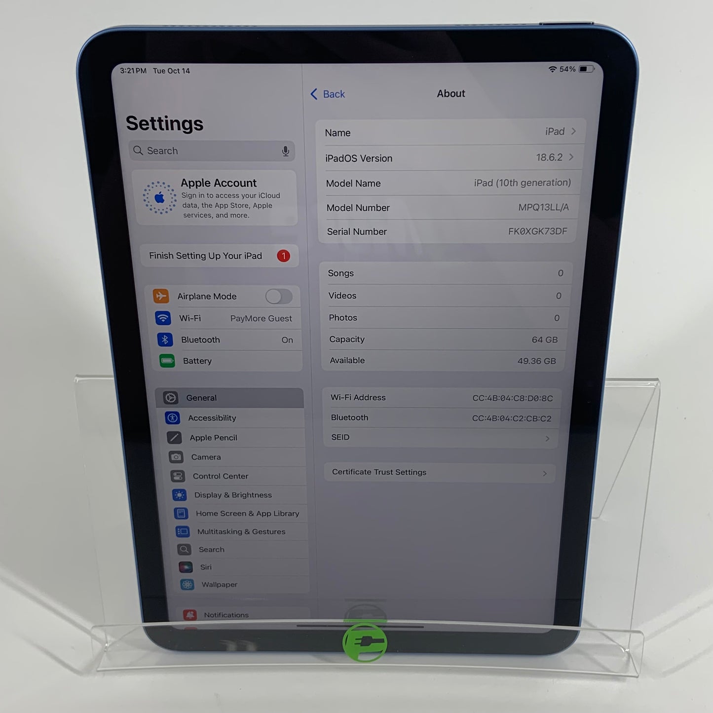 WiFi Only Apple iPad 10th Gen 64GB Blue MPQ13LL/A