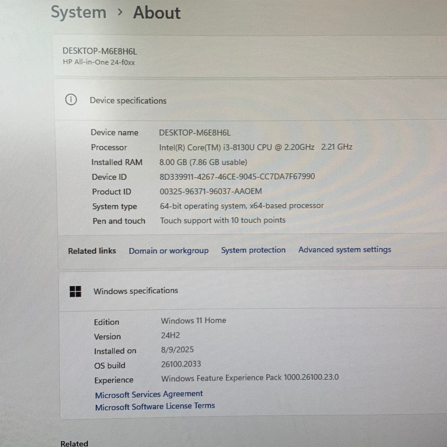 HP 24 All-In-One PC 24-F0014 24" i3-8130u 2.20GHz 8GB RAM 1TB HDD