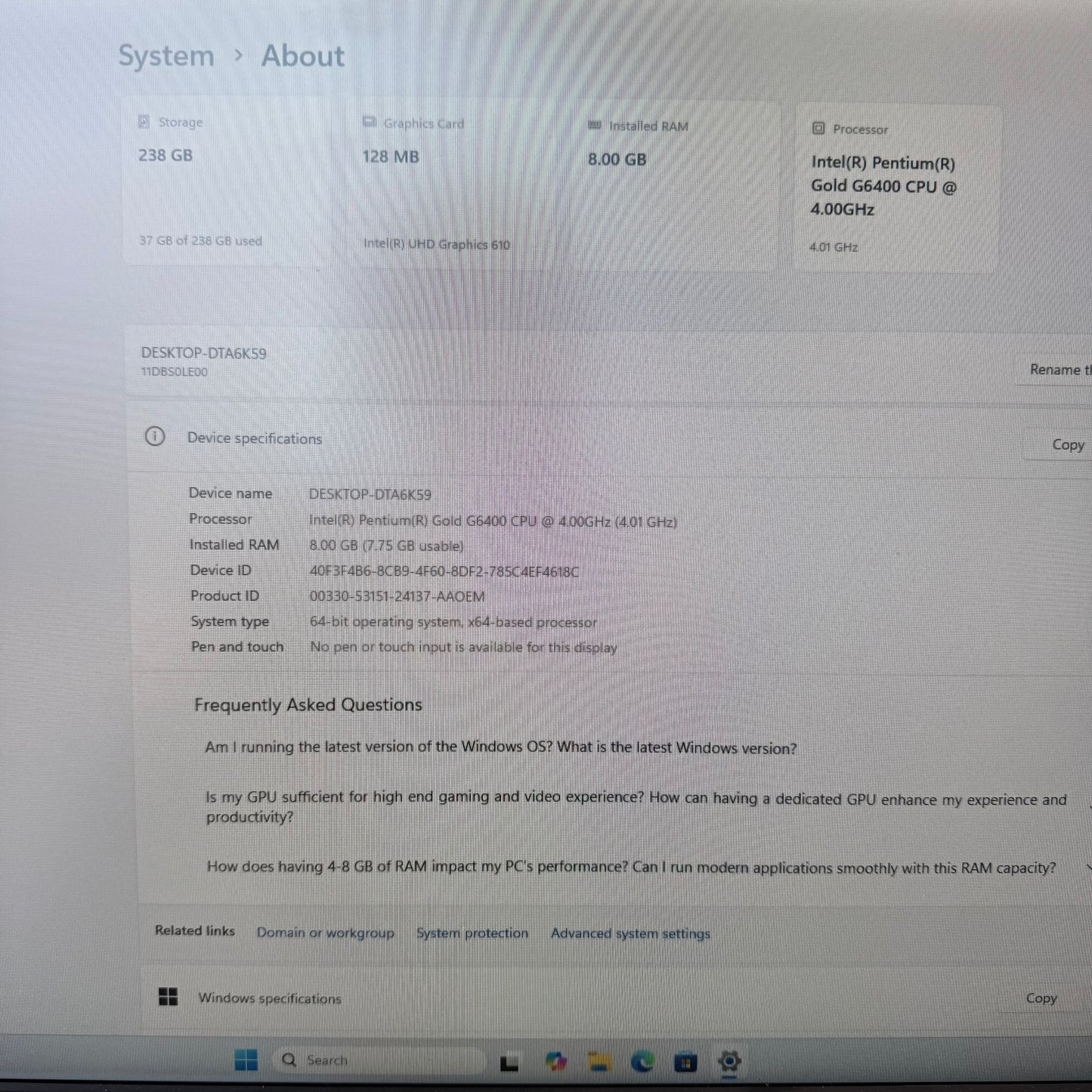 Lenovo ThinkCentre M70S Pentium Gold G6400 4.00GHz 8GB RAM 256GB SSD