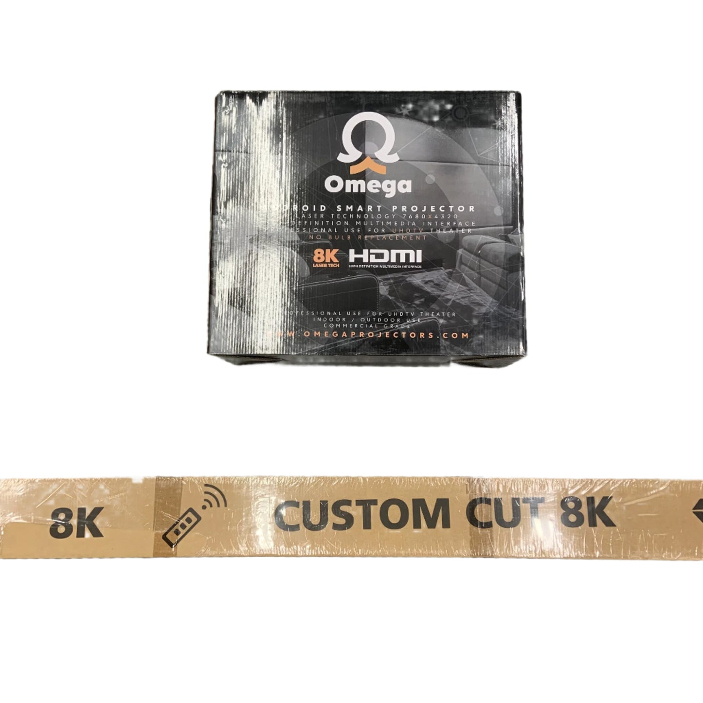 New Omega OM6 Smart Projector 7680x4320 8000 Lm w/ 72" Edge Motorized Screen