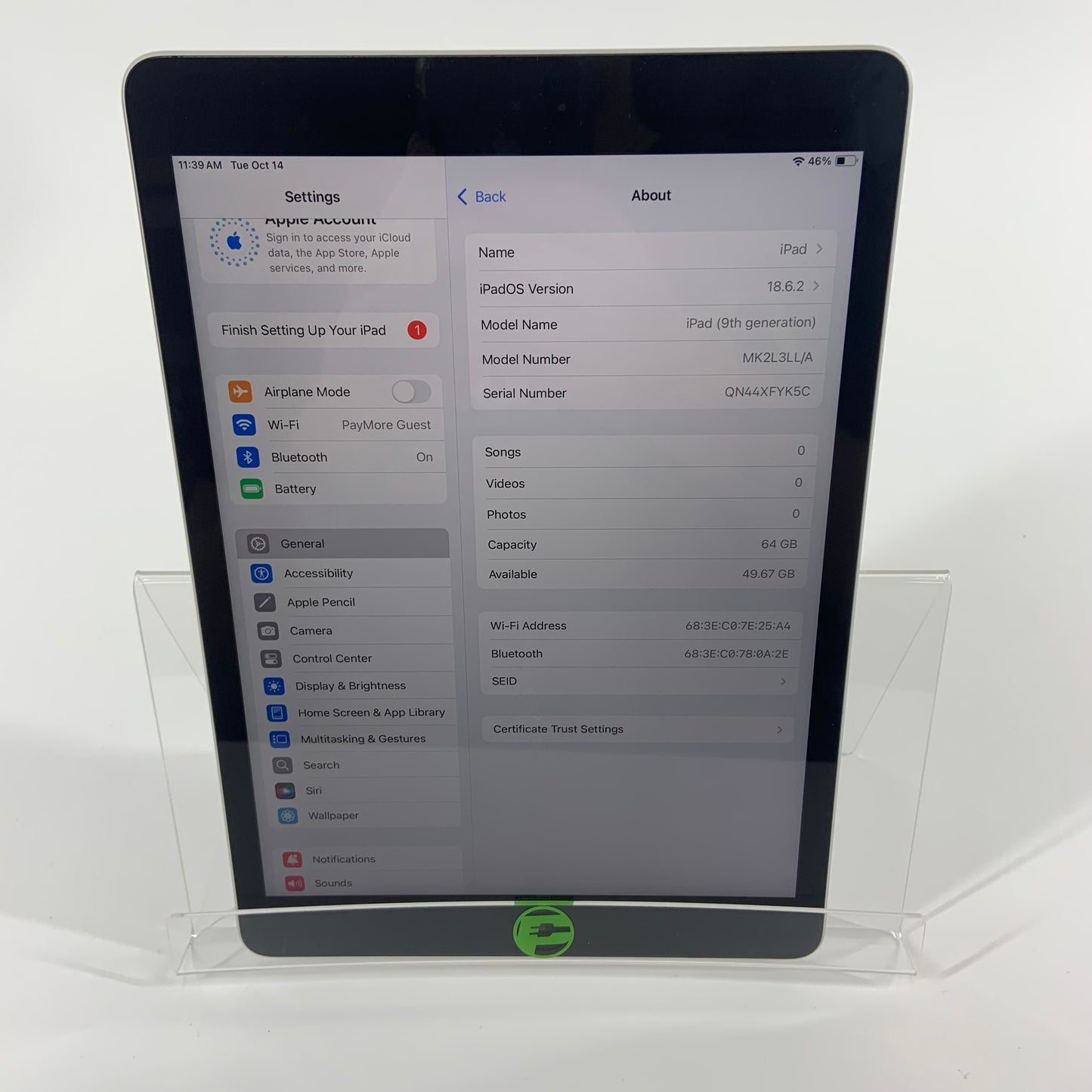WiFi Only Apple iPad 9th Gen 64GB Silver MK2L3LL/A