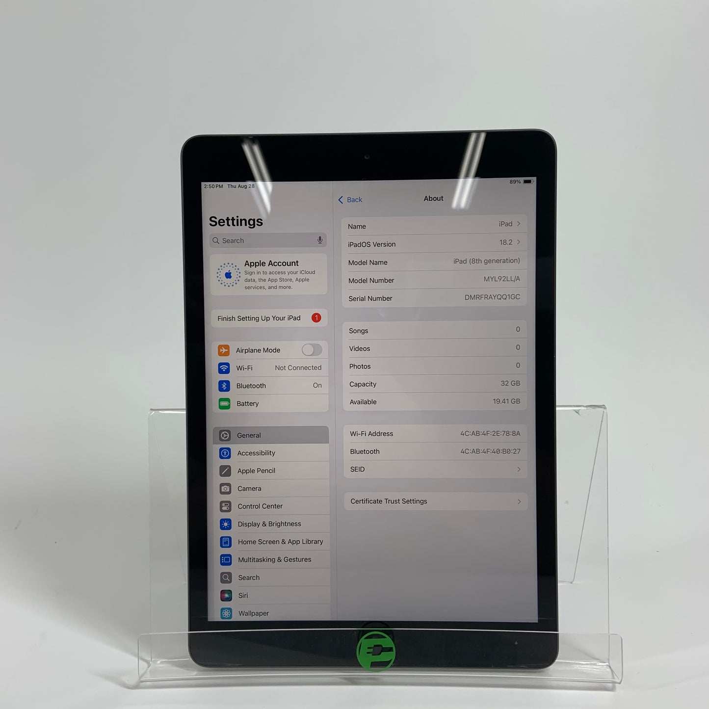 WiFi Only Apple iPad 8th Gen 32GB Space Gray MYL92LL/A