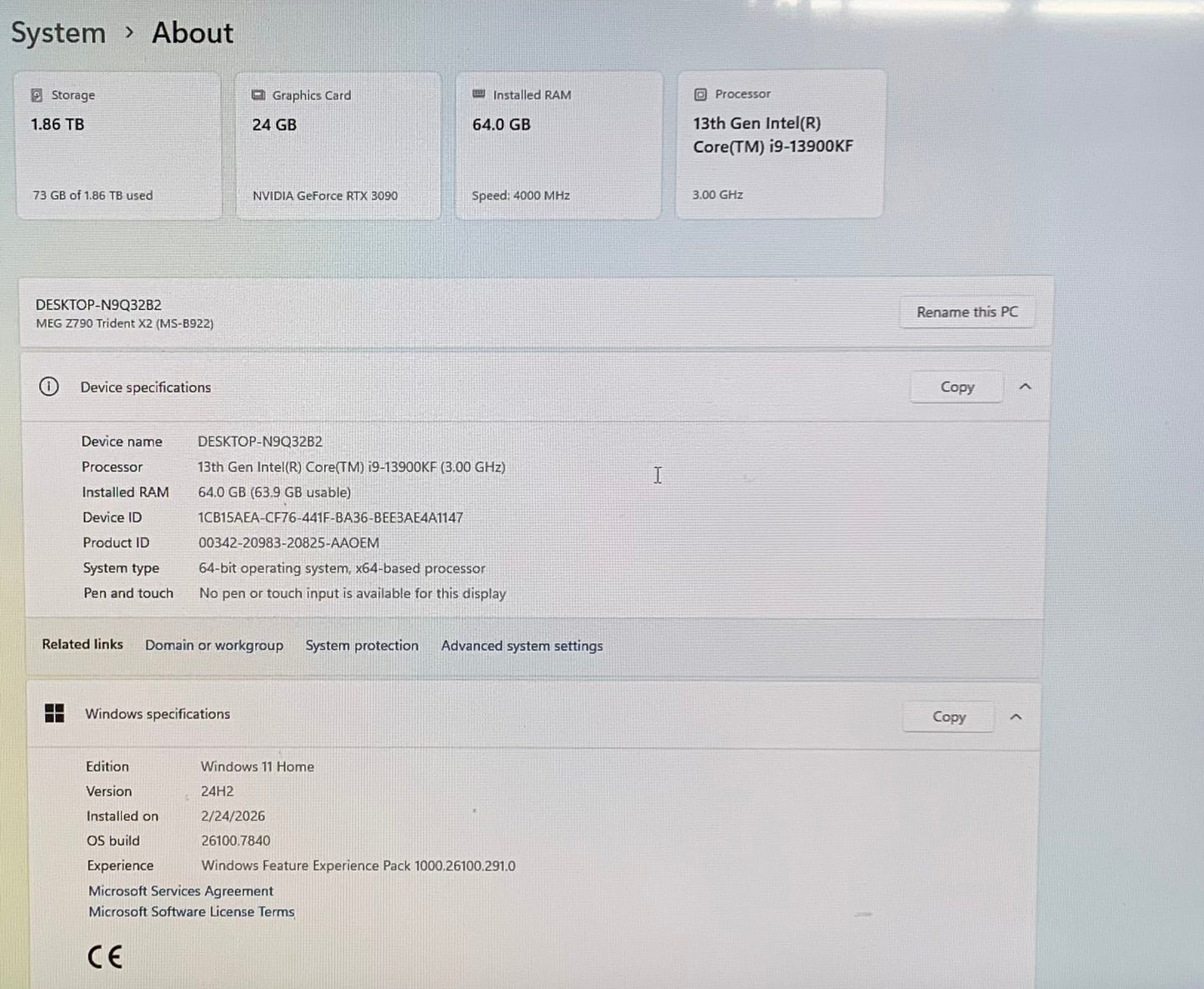 MSI MSI MEG Trident X2 I9-13900KF 3.0GHz 64GB RAM 2TB SSD ASUS GeForce RTX 3090