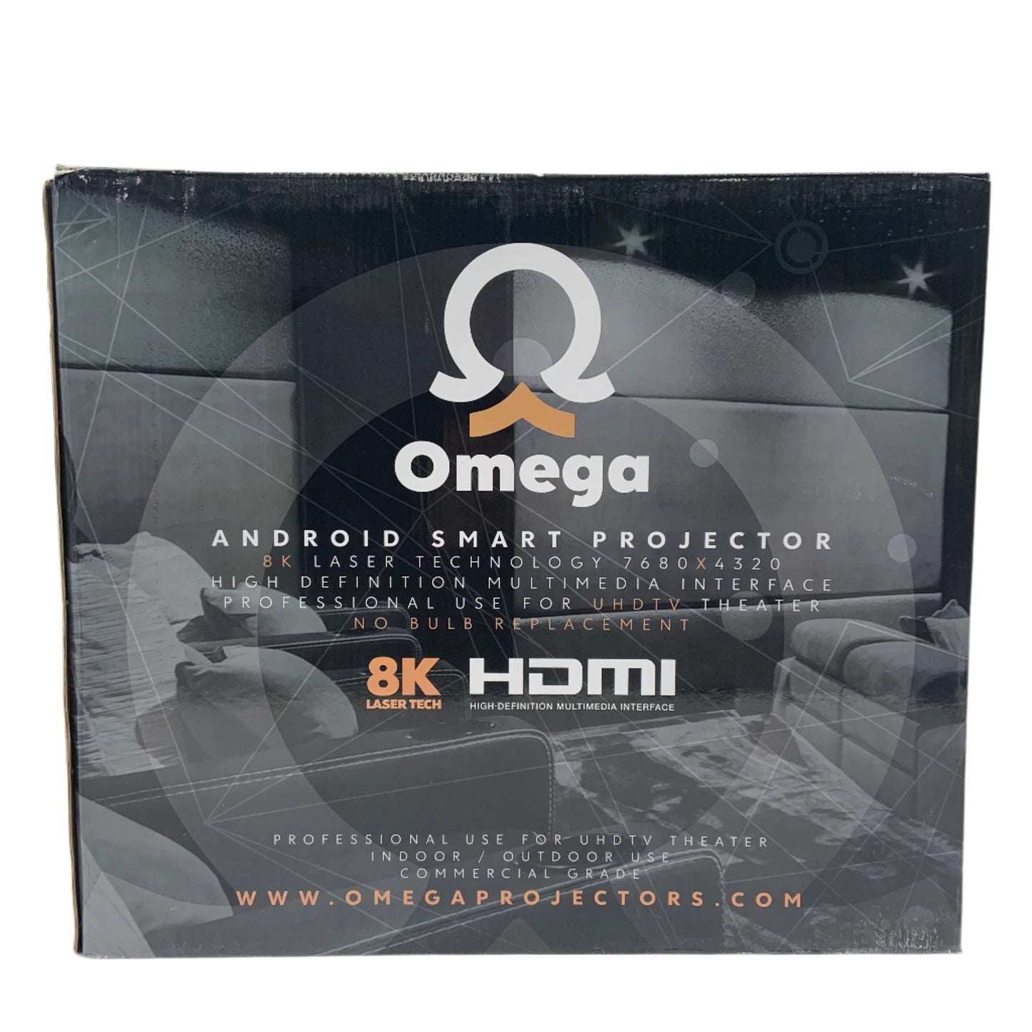 New Omega OM6 Smart Projector 7680x4320 8000 Lm w/ 72" Edge Motorized Screen