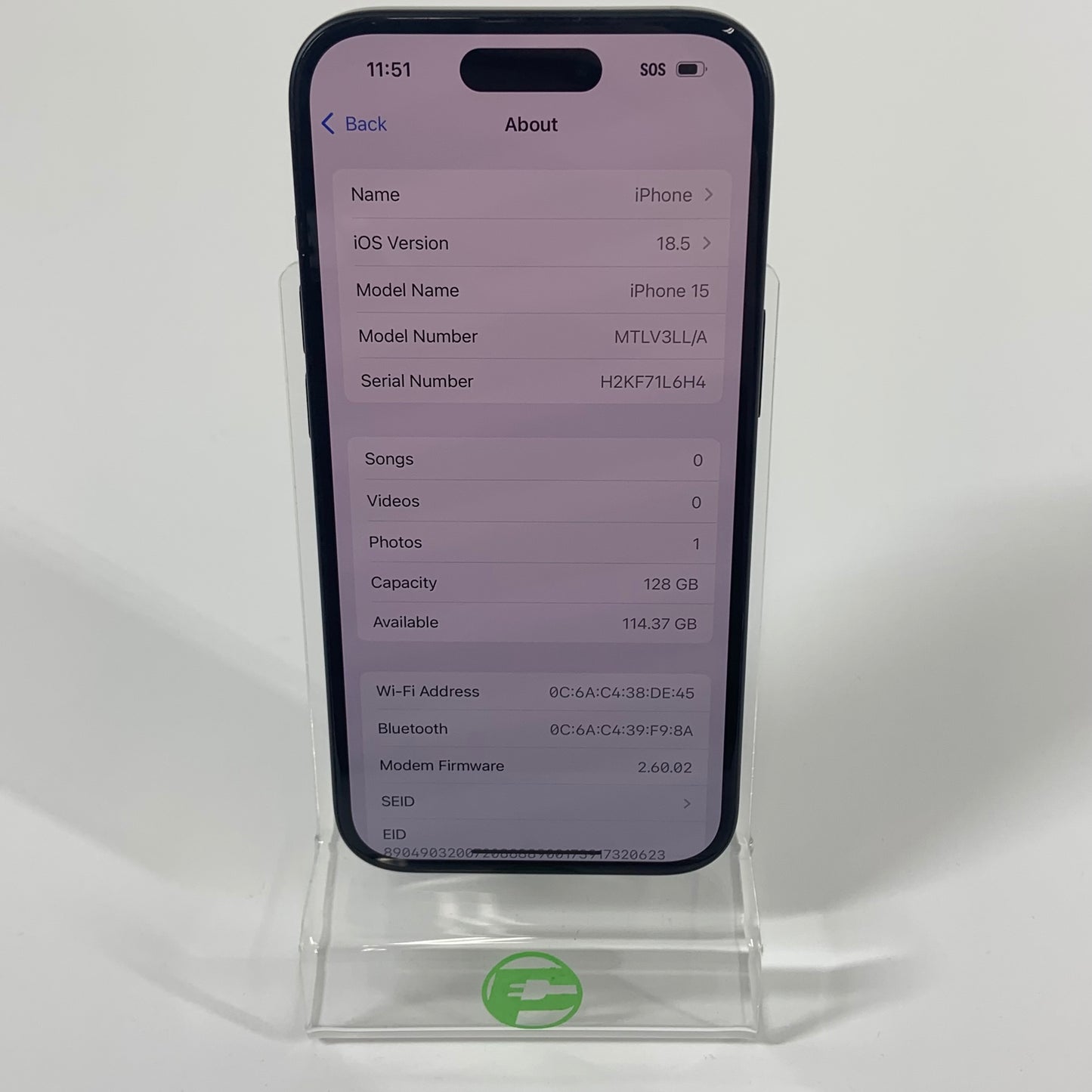 Unlocked Apple iPhone 15 128GB 18.5 Black MTLV3LL/A