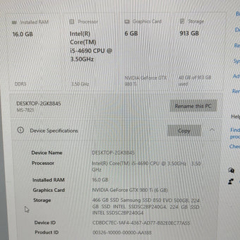 MSI Custom PC Core i5-4690 3.50GHz 16GB RAM 500GB SSD Intel GeForce GTX 980 Ti