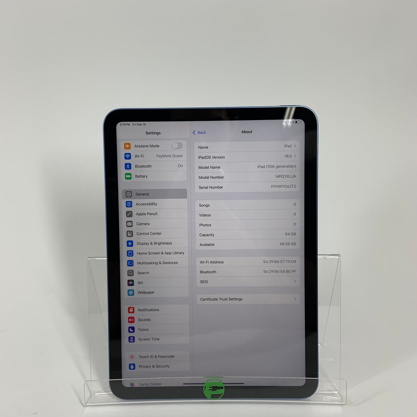 WiFi Only Apple iPad 10th Gen 64GB 18.5 Blue MPQ13LL/A