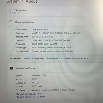 Dell Precision 7520 i7-7820HQ 32GB RAM 1TB SSD 512GB SSD WIN 11 PRO