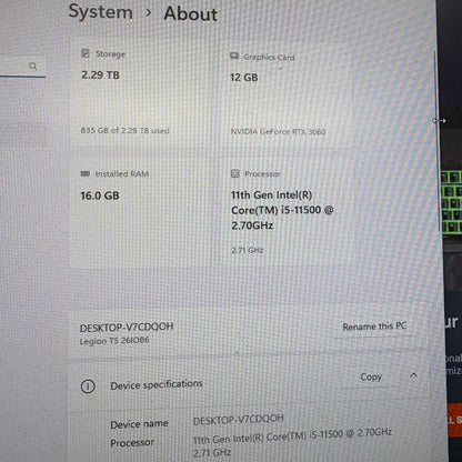 Lenovo Legion T5 26IOB6 i5-11500 16GB RAM 1.5TB Storage NVIDIA GeForce RTX 3060