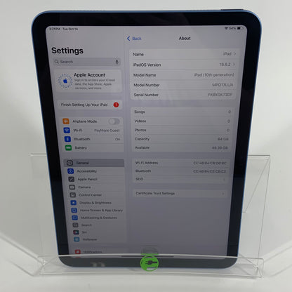 WiFi Only Apple iPad 10th Gen 64GB Blue MPQ13LL/A