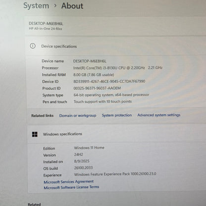 HP 24 All-In-One PC 24-F0014 24" i3-8130u 2.20GHz 8GB RAM 1TB HDD
