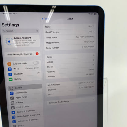 WiFi Only Apple iPad 10th Gen 64GB Blue MPQ13LL/A MINT