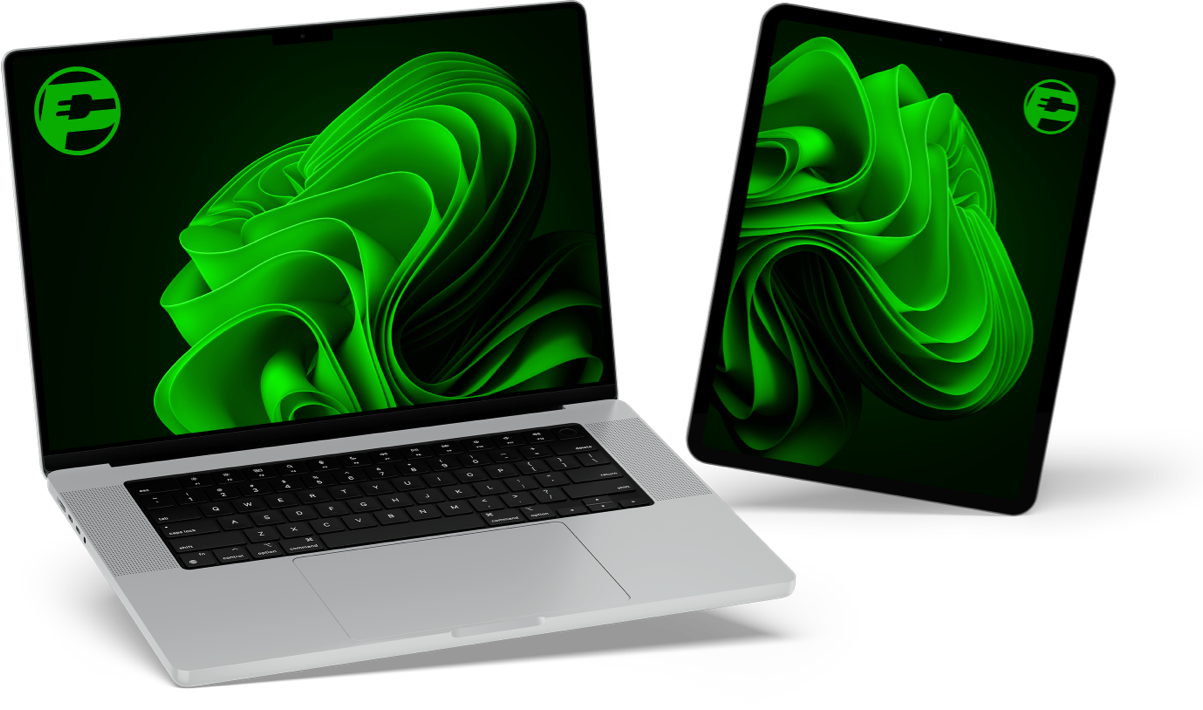 Laptop and tablet with green abstract design on screens