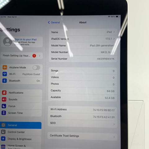 WiFi Only Apple iPad 9th Gen 64GB Silver MK23LL/A