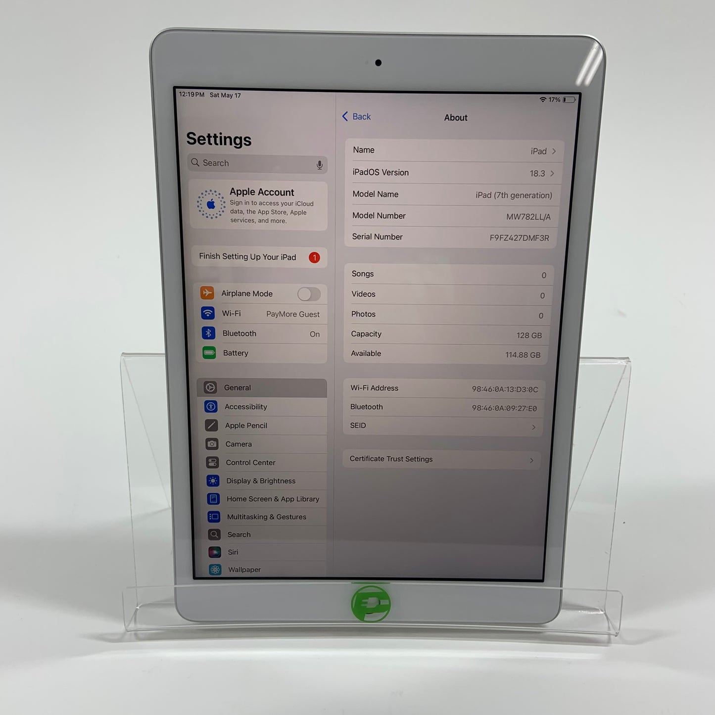 WiFi Only Apple iPad 7th Gen 128GB 18.3 SILVER MW782LL/A