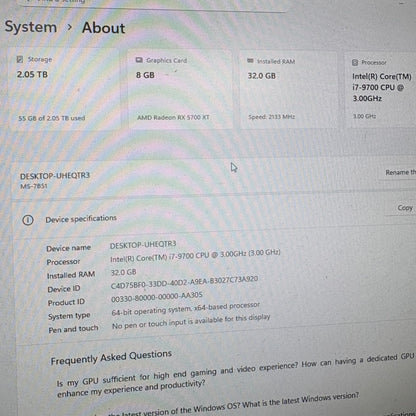 Intel i7 32GB RAM 2TB Storage AMD Radeon RX 5700 XT W11 Pro Red Black Gaming PC