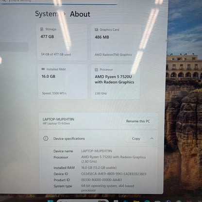 HP Laptop Touchscreen 15.6" Ryzen 5 7520U 16GB DDR5 512GB SSD Win 11 Pro Charger