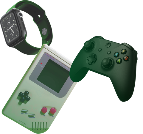 Green gaming console, controller, and smartwatch on a white background