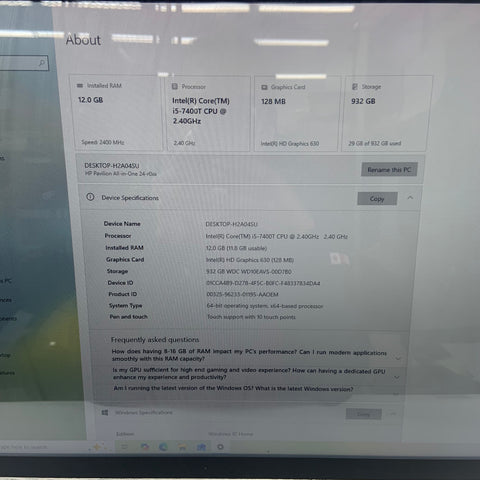 HP 24 All-in-One 24-R014 Core i5-7400T 2.40GHz 12GB RAM 1TB SSD