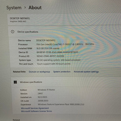 Dell Inspiron 5400 W24C 24" i7-1165G7 2.80GHz 16GB RAM 512GB SSD