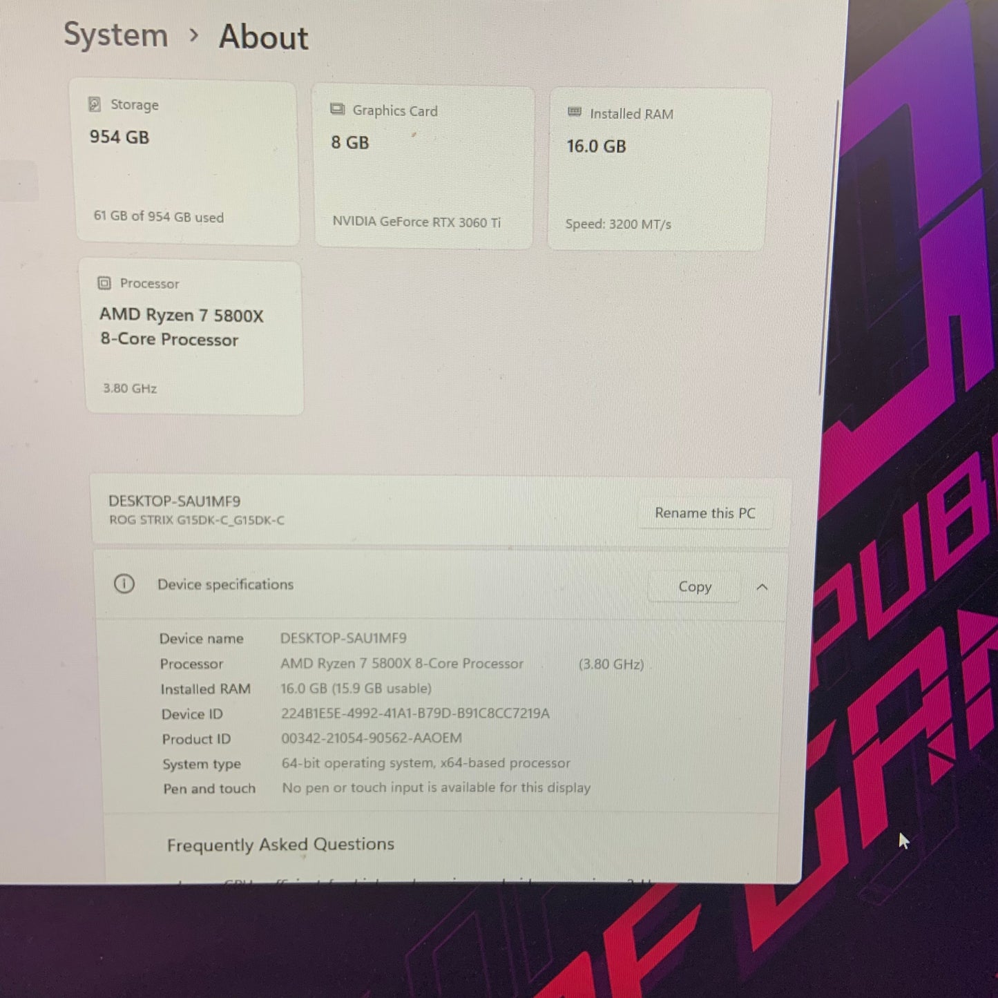 Ryzen 7 5800X RTX 3060 Ti 1TB SSD 16GB RAM NVIDIA GeForce Asus ROG Strix Gaming RGB PC