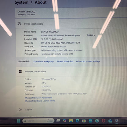 HP Notebook 17-cp3000 17" Ryzen 5 7530U 2.0GHz 32GB RAM 1TB SSD
