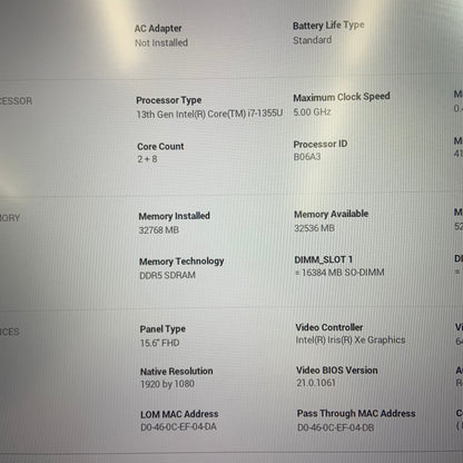 Dell Latitude 3550 15.6" i7-1355U 1.7GHz 32GB RAM 256GB SSD WIN 11 PRO