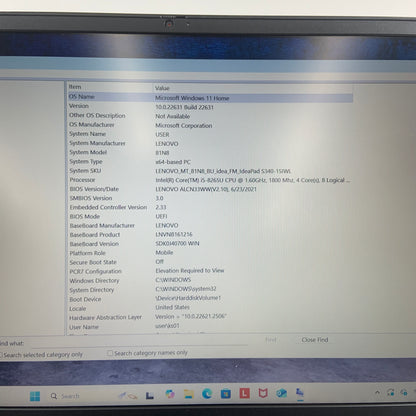 Lenovo IdeaPad 81N8 15.6" i5-8265U 1.6GHz 8GB RAM 256GB SSD Win 11 Home