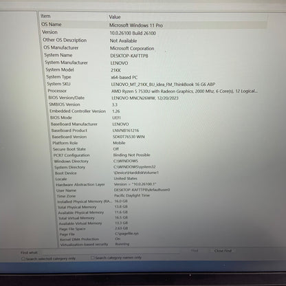 Lenovo ThinkBook 16 Gen 6 16" Ryzen 5 7530U 2.0GHz 16GB RAM 512GB SSD