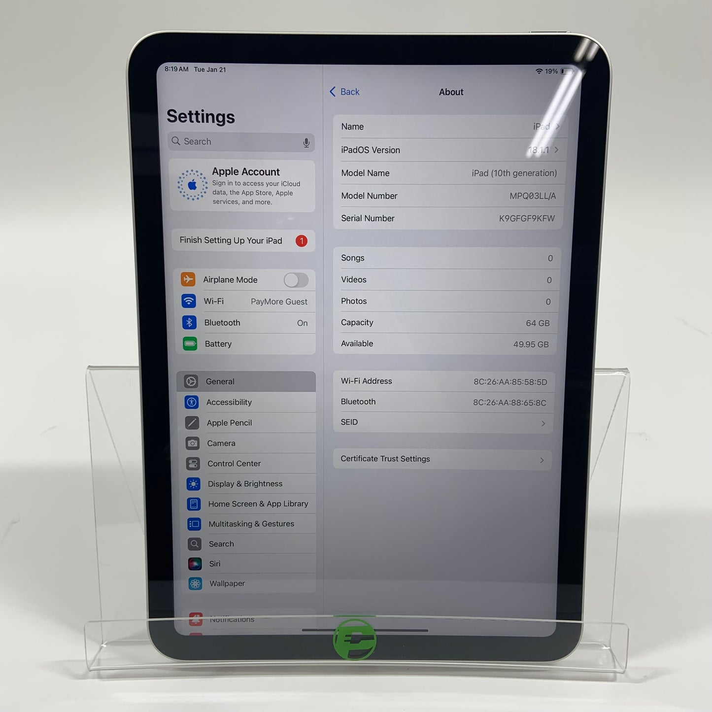 WiFi Only Apple iPad 10th Gen 64GB 18.1.1 SILVER MPQ03LL/A