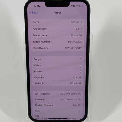 Unlocked Apple iPhone 14 128GB 18.5 Midnight MPUA3LL/A