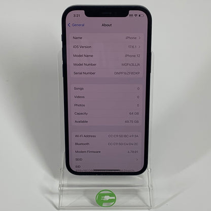 Unlocked Apple iPhone 12 64GB 17.6.1 Black MGF43LL/A