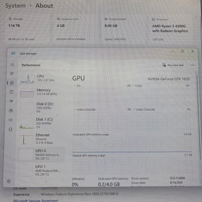 HP AMD Ryzen 3 4300G 3.80GHz 8GB RAM 1.25TB Storage Nvidia GeForce GTX 1650