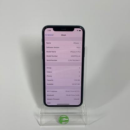 Unlocked Apple iPhone 11 Pro 512GB 14.8.1 Midnight Green MW9P2LL/A