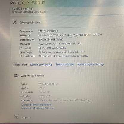 HP Pavilion Gaming 15.6" Ryzen 5 3550H 8GB RAM 256GB SSD GeForce GTX 1050