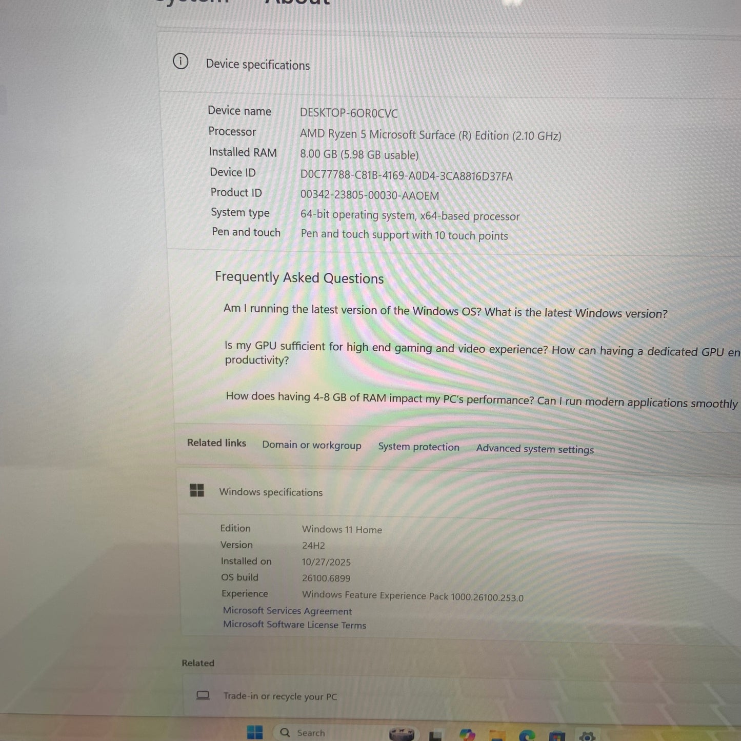 Microsoft Surface Laptop 3 1873 15" Ryzen 5 2.1GHz 8GB RAM 128GB SSD