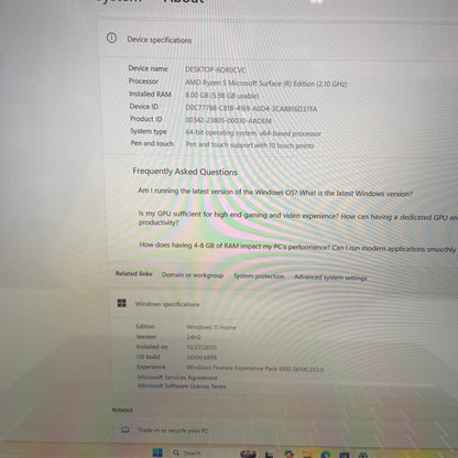 Microsoft Surface Laptop 3 1873 15" Ryzen 5 2.1GHz 8GB RAM 128GB SSD