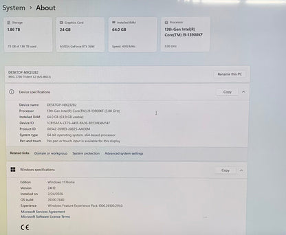 MSI MSI MEG Trident X2 I9-13900KF 3.0GHz 64GB RAM 2TB SSD ASUS GeForce RTX 3090