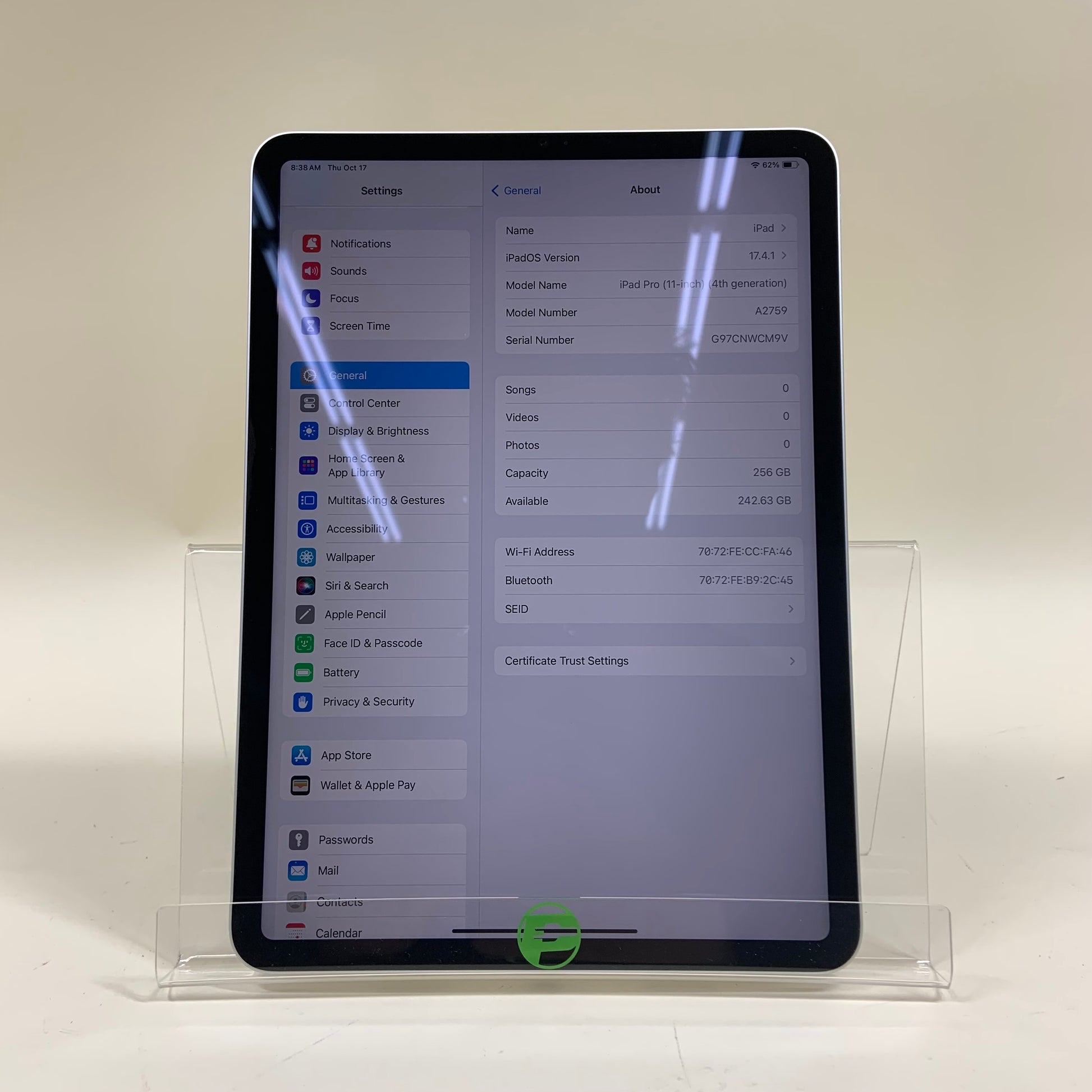WiFi Only Apple iPad Pro 11" 4th Gen 256GB 17.4.1 Silver MNXG3LL/A PayMore Overland Park