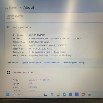 Lenovo V14-ADA 82C6 14" AMD Athlon 3150C 2.40GHz 8GB RAM 128GB