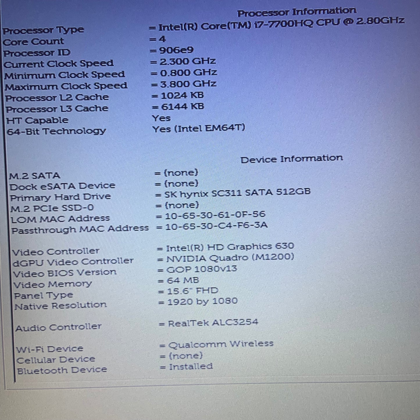 Dell Precision 7520 15.6" i7-7700HQ 16GB RAM 512GB SSD Nvidia Quadro M1200