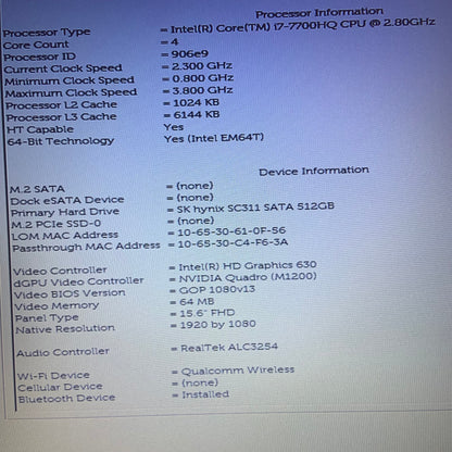 Dell Precision 7520 15.6" i7-7700HQ 16GB RAM 512GB SSD Nvidia Quadro M1200