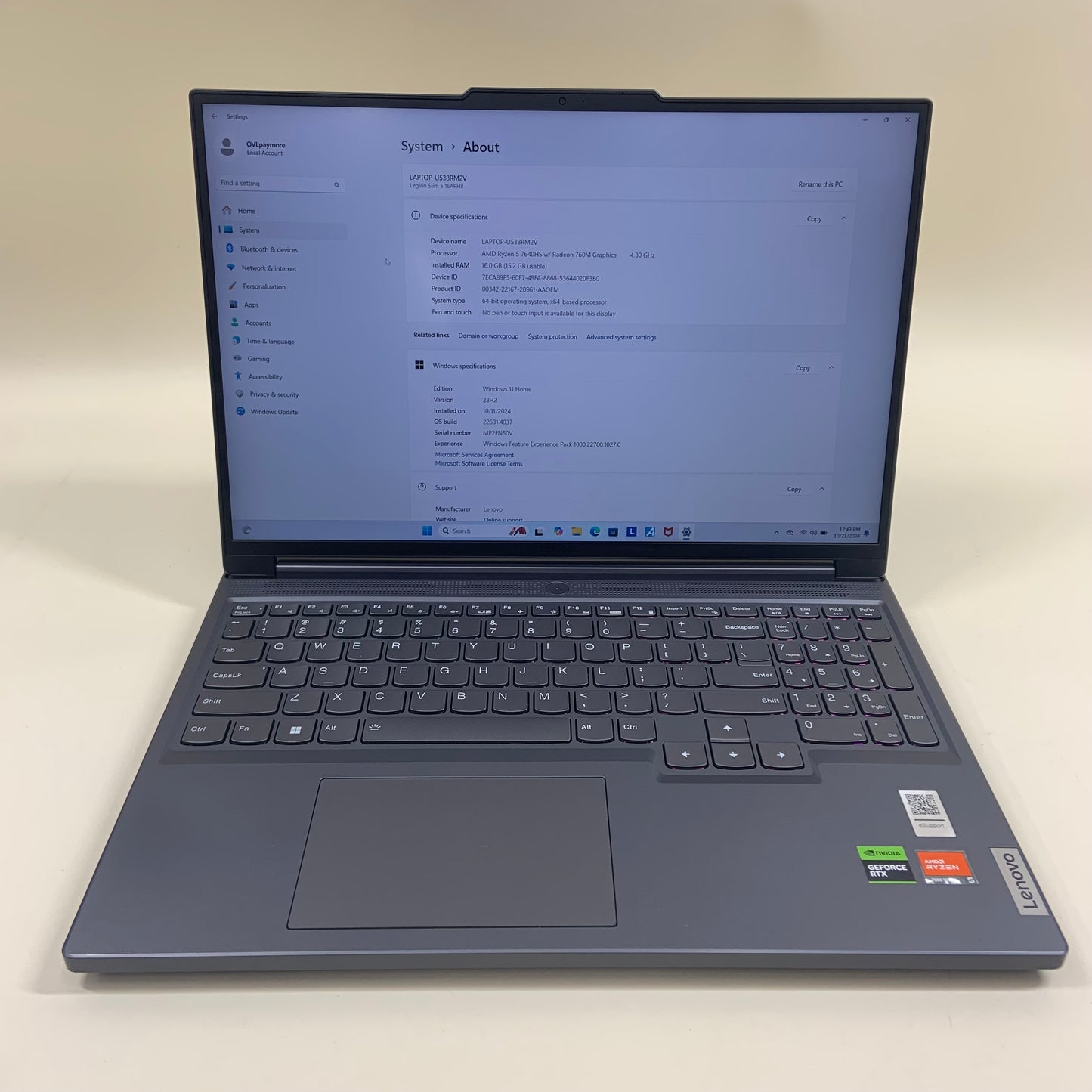 Lenovo Legion Slim 5 15.6" Ryzen 5 4.3GHz 16GB RAM 512GB SSD GeForce RTX 4060