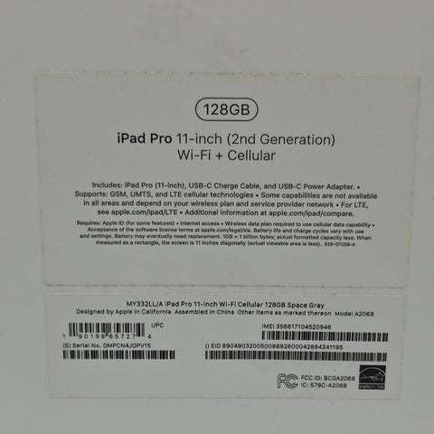 Factory Unlocked Apple iPad Pro 11" 2nd Gen 128GB Space Gray MY332LL/A