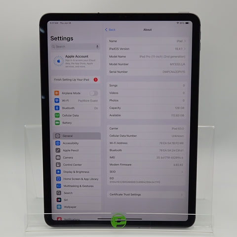 Factory Unlocked Apple iPad Pro 11" 2nd Gen 128GB Space Gray MY332LL/A