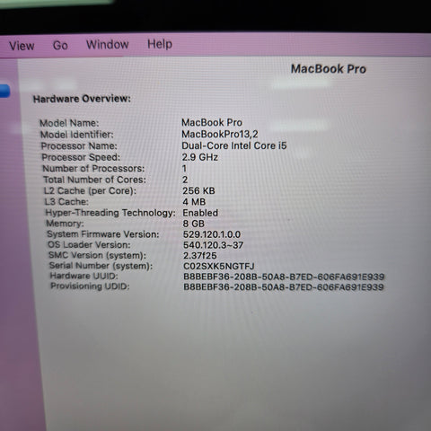2016 Apple MacBook Pro 13.3" i5 2.9GHz 8GB RAM 256GB SSD Space Gray A1706