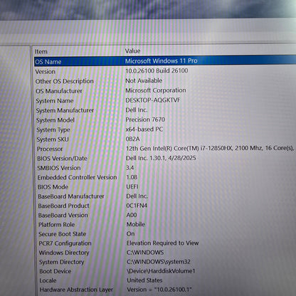 Dell Precision 7670 16" i7-12850HX 32GB RAM 1TB SSD RTX A1000 W11P Studio Laptop